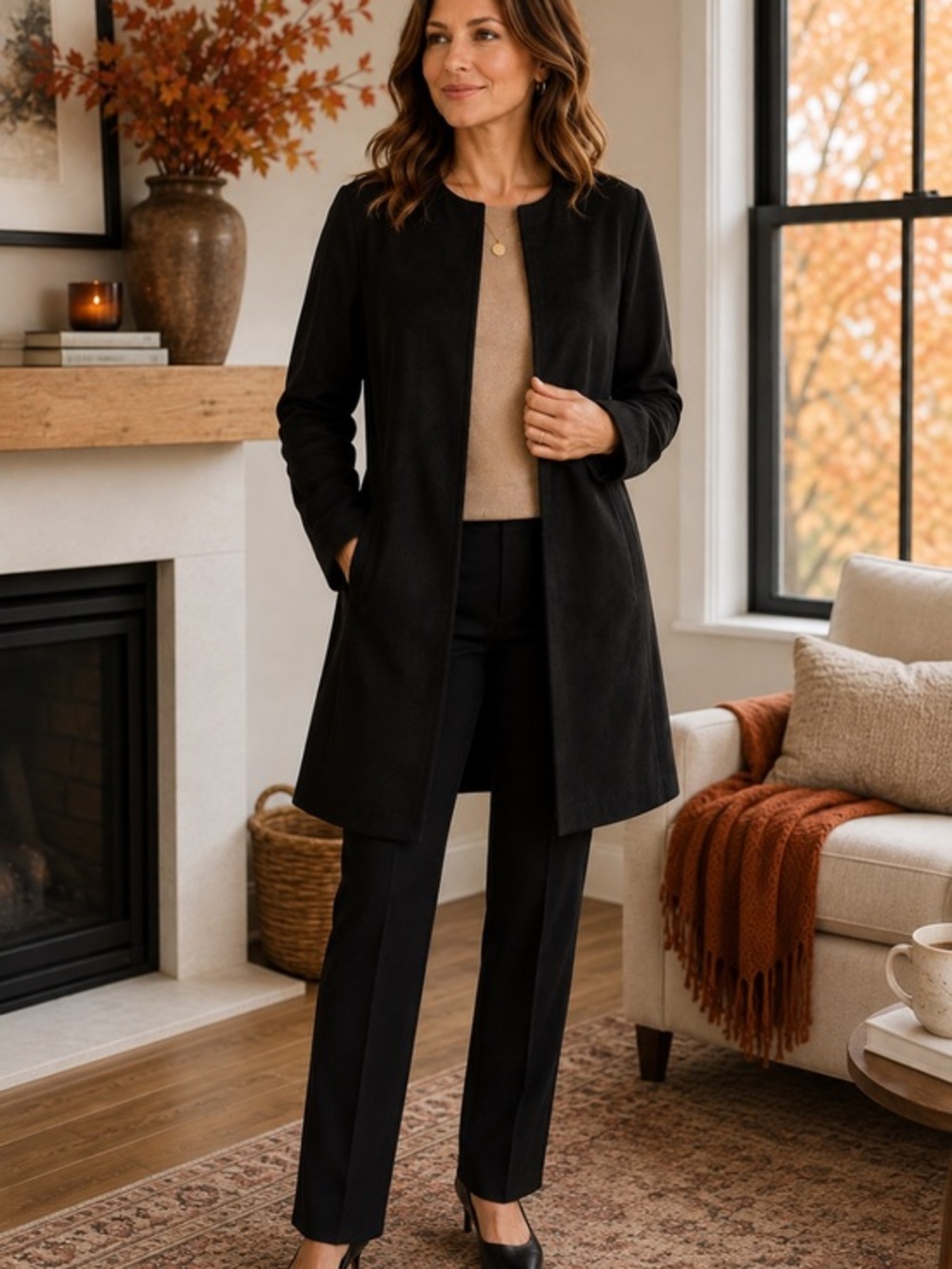 Emaline Black Long Open-Front Coat Topper - faux suede size medium